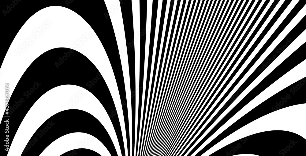 Poster op art distorted perspective black and white lines in 3d motion abstract vector background, optical 