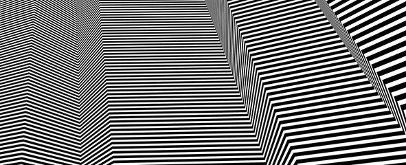 Abstract vector 3D lines background, black and white linear perspective dimensional optical pattern.