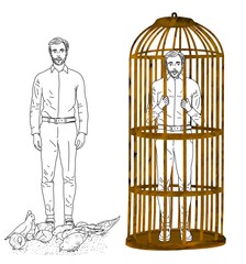 To be imprisoned. The man in the cage. Before and after. Free life. Life in the dungeon. Digital drawing. Sketch. Drawing pencil. - obrazy, fototapety, plakaty