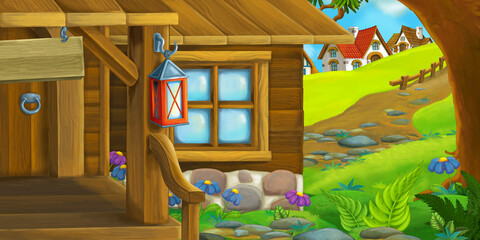 cartoon scene wooden house on farm ranch illustration