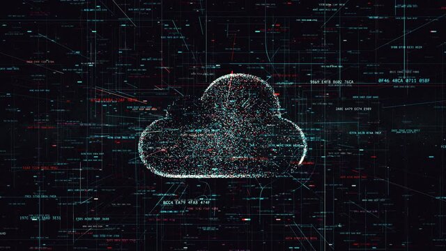 Cloud technology, cloud computing symbol, random moving numbers and others elements which creating abstract 3D animation of information technology