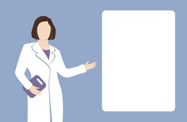 An young caucasian Woman doctor or teacher in white medical coat / dress, next to the white board for text of information.  Concept vector illustration in flat style. Background for text.