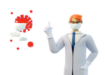 3d cartoon character of a young doctor wearing glasses, white medical coat points to a virus in a mask and gloves. attention. 3d rendering  illustration. Virus protection.