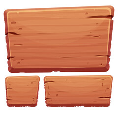 Wood button set in cartoon style with cracked details isolated on white background. Game assets, ui interface, menu. Collection of different shapes for application.