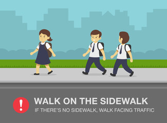 School children walking on the sidewalk. Pedestrian safety rule. Flat vector illustration template.