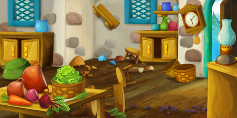 cartoon wooden house interior kitchen on farm ranch