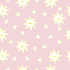 Seamless pattern with simple chamomile flowers on a pastel pink background. Floral retro print. Stock illustration.