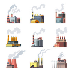 Icon set of industrial factory. Manufactory industrial buildings refinery factorys or nuclear power stations. Complex of chemical plants buildings isolated on white background