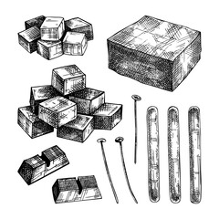 Hand-sketched aromatic candles ingredients collection. Vector illustrations of wax, paraffin, fragrance, color and skewers. For aromatherapy, hygge home or holiday decoration, meditation.