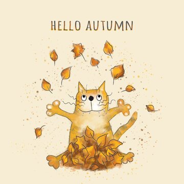 Happy ginger cat tosses yellow leaves up. Hello autumn. Cartoon illustration, design for print, sticker and postcard. Hand-drawing.