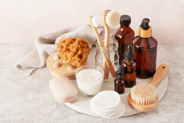 zero waste eco friendly hygiene bathroom concept. wooden toothbrush soap brush cosmetic