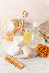 zero waste eco friendly hygiene bathroom concept. wooden toothbrush soap brush cosmetic