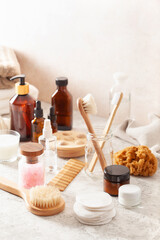 zero waste eco friendly hygiene bathroom concept. wooden toothbrush soap reusable pads brush cosmetic