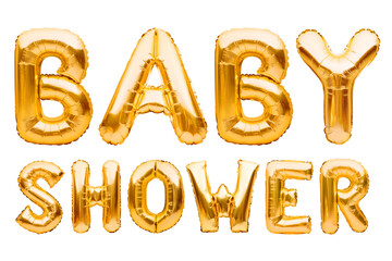 Words BABY SHOWER made of golden inflatable balloons isolated on white background. Helium foil balloons forming text. Baby birthday party celebrating decoration.