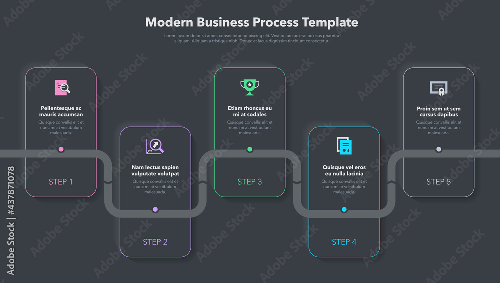 Poster Modern business process template with 5 steps - dark version. Easy to use for your website or presentation.