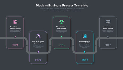 Modern business process template with 5 steps - dark version. Easy to use for your website or presentation.