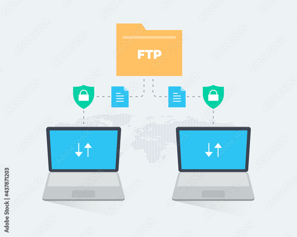 Leinwandbilder File transfer protocol infographic template with two laptops and transfer documents to the secure ftp server. Modern flat illustration.