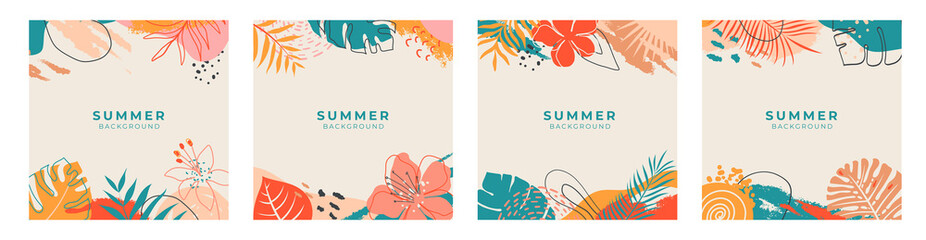 Set of summer social media post template with space for text.Promotional content.Colorful abstract vector design background for poster, invitation and cover with tropical leaves, shapes and textures - obrazy, fototapety, plakaty