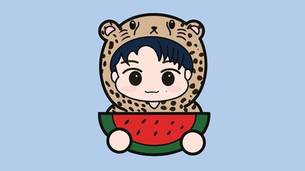 a child with cheetah costume and watermelon