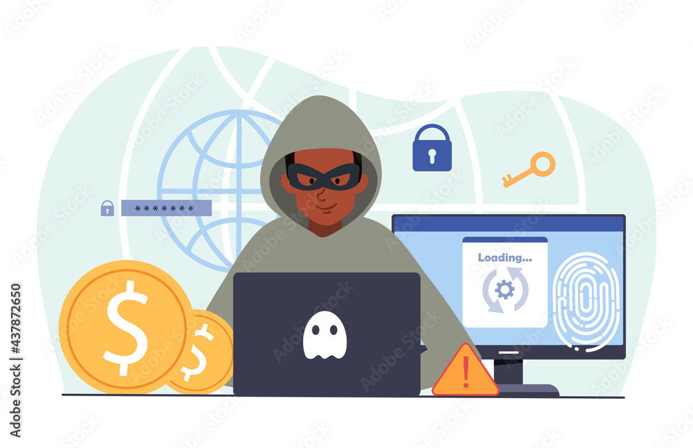 Aufkleber young male hacker is cyber attacking computer stealing personal data