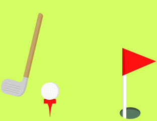 Golf ball, tee, red flag and golf club.Tournament template.Sign, symbol or logo isolated.Banner design.Relaxing and playing.Sport flyer concept.Vector illustration.Flat design.Gree background.