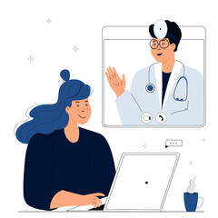 Online doctor consultation. The patient is at a remote appointment with a therapist. A woman has a conversation with a medical worker by video call using laptop. Telemedicine concept.