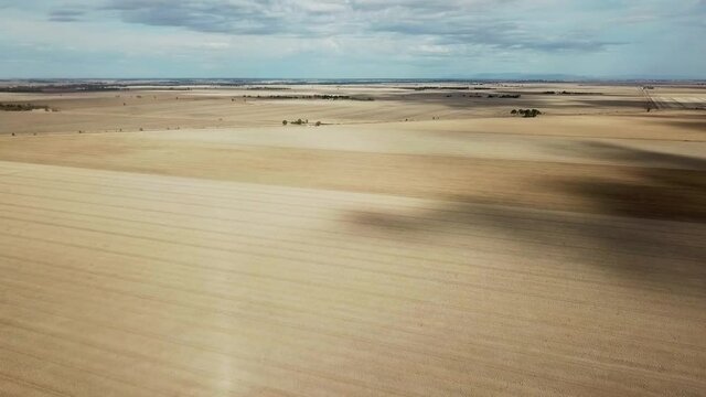 Drone view over dry paddocks after harvest near Wedderburn, Victoria, Australia, May 2021.