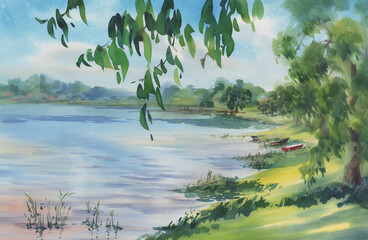 Boats by the lake in spring watercolor background - 437873413