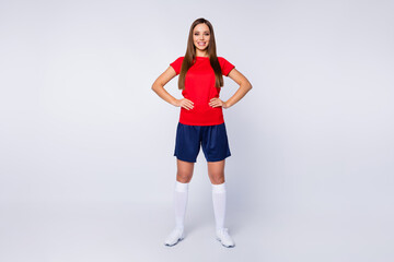 Full body photo positive competitive national team member winner soccer player girl ready win...