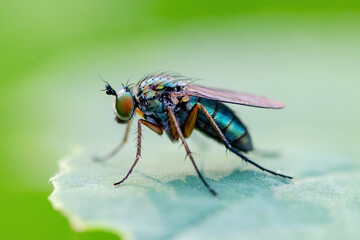 Exotic Tropical Drosophila Fruit Fly Diptera Parasite Insect on Plant Leaf Macro