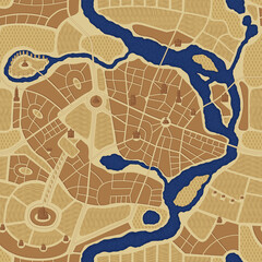 Seamless pattern in the form of an abstract city map. Town streets with parks, river and landmarks on vintage beige backdrop. Vector repeating background with colored urban roads plan in retro style
