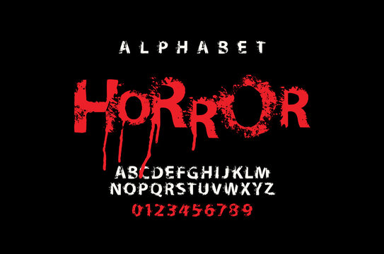 HORROR lettering in scary dripping bloody letters. Scary font for headline, poster, label. Spotted Alphabet, vector set of white and red alphabet letters and numbers on a black. Halloween party style