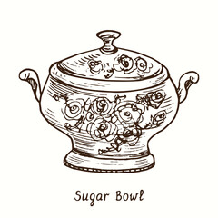 Sugar bowl with floral decor. Ink black and white drawing outline illustration