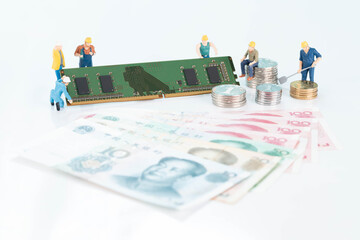 RAM, miniature people, coins and banknotes 