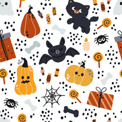 Cartoon seamless Halloween pattern. Fabric pattern. Funny vector illustration.