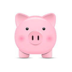 Front view. Pink piggy bank isolated on white background. Vector illustration.