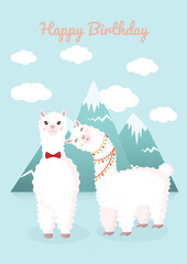Cute card with a couple in love with llama and alpaca against the background of mountains and clouds. Vector illustration for greeting card, poster, texture, textile, decor. Happy Birthday.