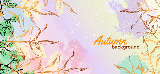 Obraz premium Autumn gentle background with outline leaves. Can be used for poster, banner, flyer, invitation, website or greeting card. Vector illustration