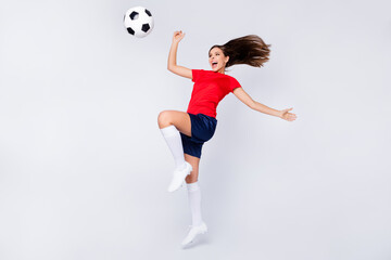 Full body profile photo of crazy air fly joy player soccer team grand final league game jump up passing ball wear spain uniform t-shirt shorts cleats knee socks isolated white color background