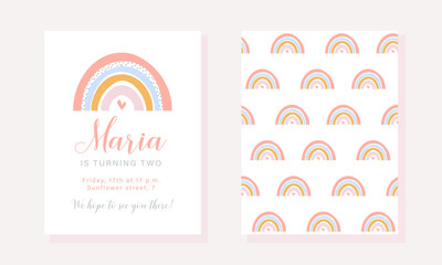 Birthday party invitation template with rainbow in pastel colors