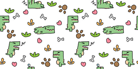 Dinosaurs seamless pattern, Colorful T-Rex cartoon characters on white wallpaper.
