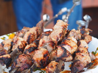 Homemade freshly prepared shish kebab on skewers on the background of the fireplace for frying. Natural food. Photo of food.