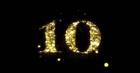 Number ten glitter gold. Golden glittering number 10 with glister light and shiny sparks on black background