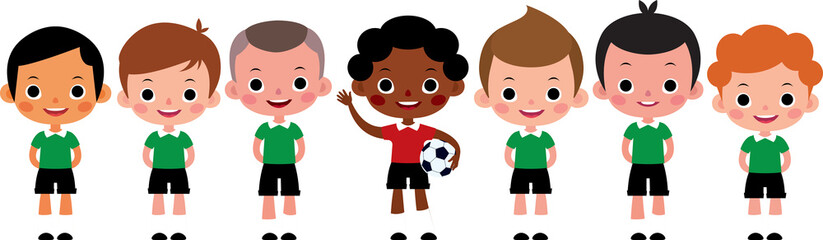 International children football team. A group of boys in the sports uniform of soccer player. Vector illustration
