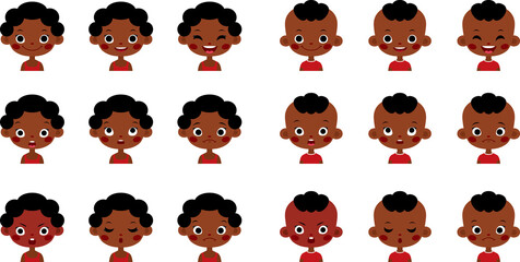 Boy and girl African American children cute emoji, set smily emoticons faces of kids vector illustration