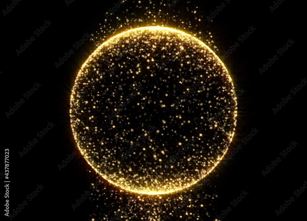 Poster gold glitter circle sphere with glittering light shine sparkles on black background. sparkling magic