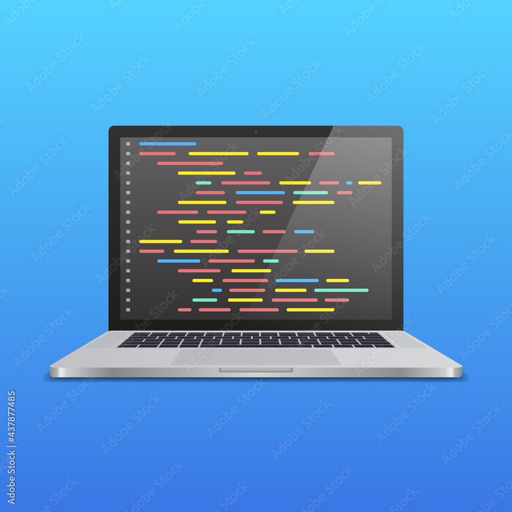 Poster realistic laptop with code on screen on blue gradient background. concept for web developer, design,