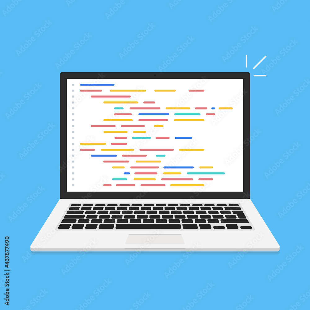 Poster programming, web development concept. code on the screen laptop. flat vector illustration.