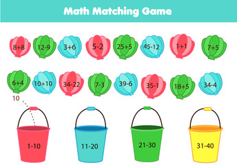 Mathematics children educational game. Summertime beach theme Matching activity. Study addition and subtraction for kids and toddlers - 437877660