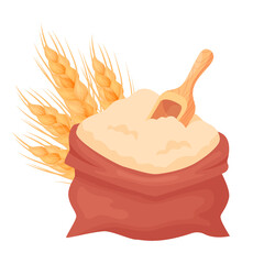 Flour wheat in a burlap bag or sack with wooden scoop isolated on white background. Barley grains and spikelet of wheat. Natural farming food elements in cartoon style, vector